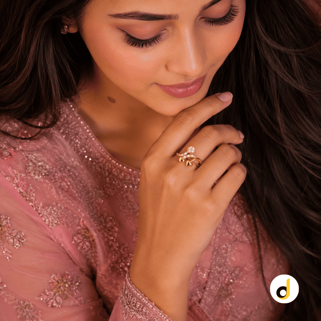 Elegant Multi-Layer Gold-Tone Statement Ring for Women – Floral Cluster & Heart Motif Fashion Ring Elegant double heart butterfly ring for women with gold tone finish and sparkling stones