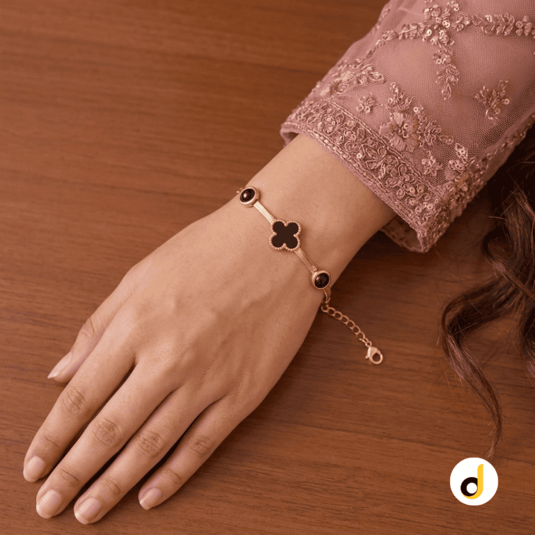 Black enamel clover bracelet for women and girls with gold plated finish