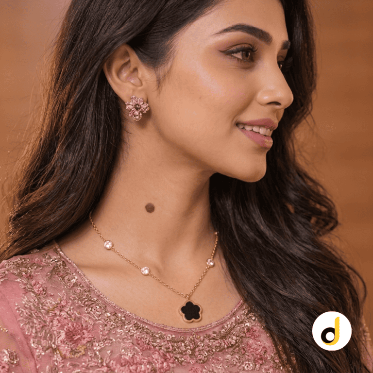 Black Floral Pendant Necklace for Women – Gold Plated Crystal Station Chain
