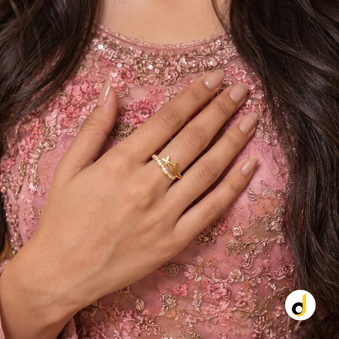 Elegant gold-tone butterfly pearl ring for women with a double-row open design