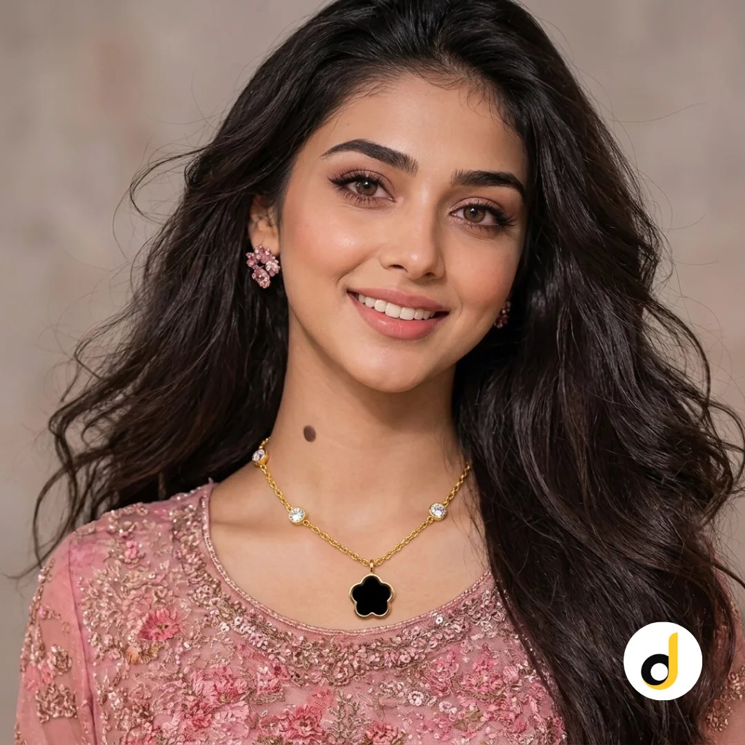 Black Floral Pendant Necklace for Women – Gold Plated Crystal Station Chain